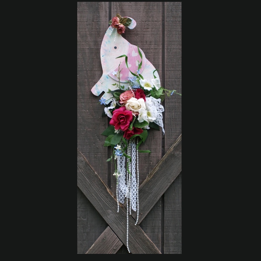 Elephant Wall Decor, baby shower gift, nursery decor, wreath, roses, faux pearls